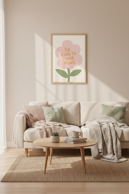 Be Kind To Your Mind Floral Wall Art | Pink Mental Health Poster | Retro Self Care Decor