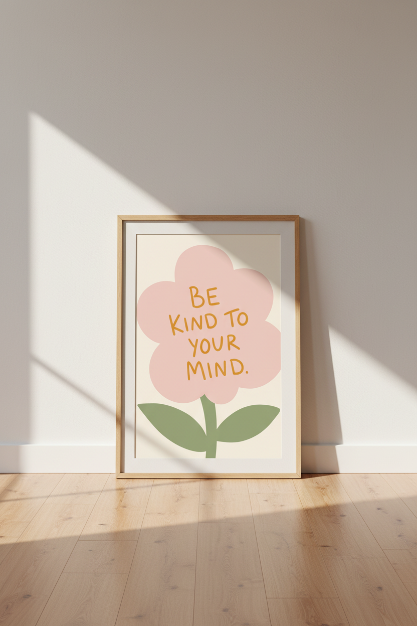 Be Kind To Your Mind Floral Wall Art | Pink Mental Health Poster | Retro Self Care Decor