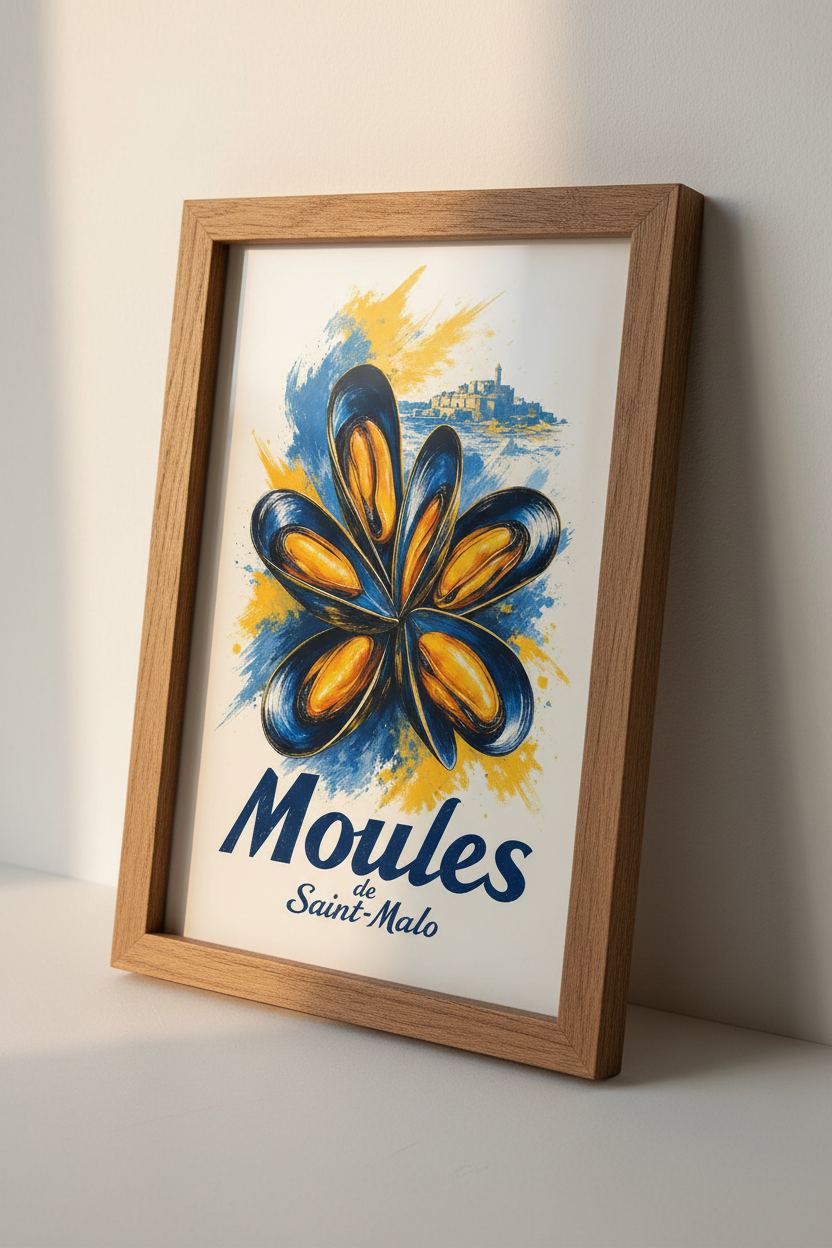 French Mussel Saint-Malo Wall Art | Coastal Kitchen Decor | Blue &amp; Yellow Poster