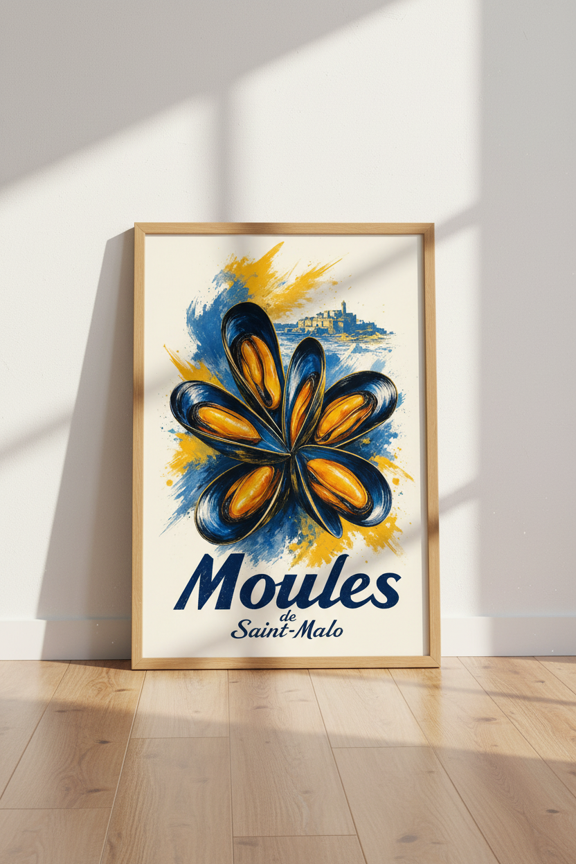 French Mussel Saint-Malo Wall Art | Coastal Kitchen Decor | Blue &amp; Yellow Poster