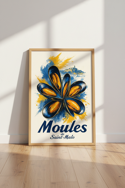 French Mussel Saint-Malo Wall Art | Coastal Kitchen Decor | Blue &amp; Yellow Poster