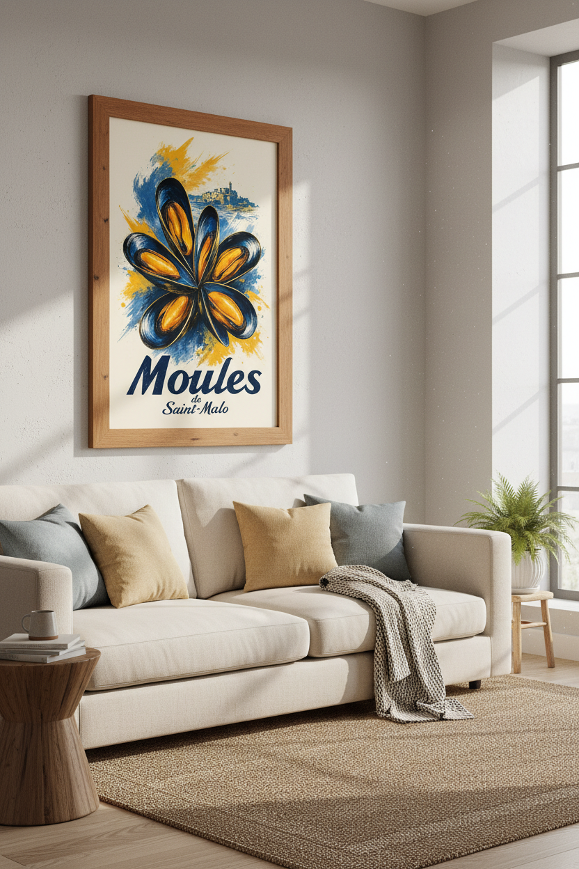French Mussel Saint-Malo Wall Art | Coastal Kitchen Decor | Blue &amp; Yellow Poster