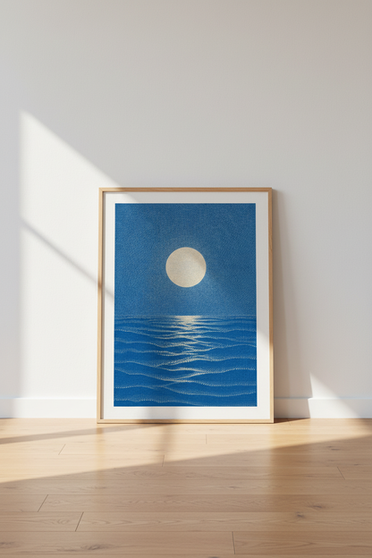 Moon Reflection Ocean Wall Art | Blue Pointillism Poster | Coastal Bedroom Decor