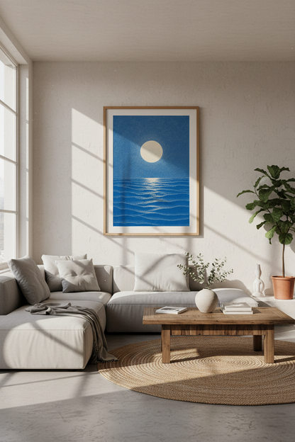 Moon Reflection Ocean Wall Art | Blue Pointillism Poster | Coastal Bedroom Decor