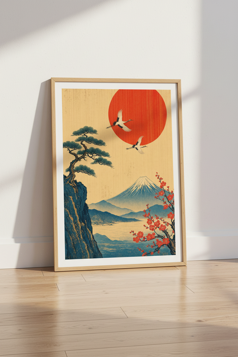 Japanese Crane &amp; Mount Fuji Wall Art Print | Zen Landscape Decor | Ukiyo-e Style Poster