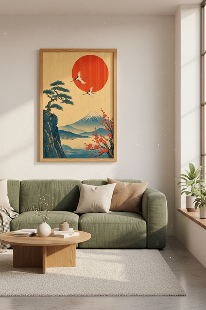Japanese Crane &amp; Mount Fuji Wall Art Print | Zen Landscape Decor | Ukiyo-e Style Poster