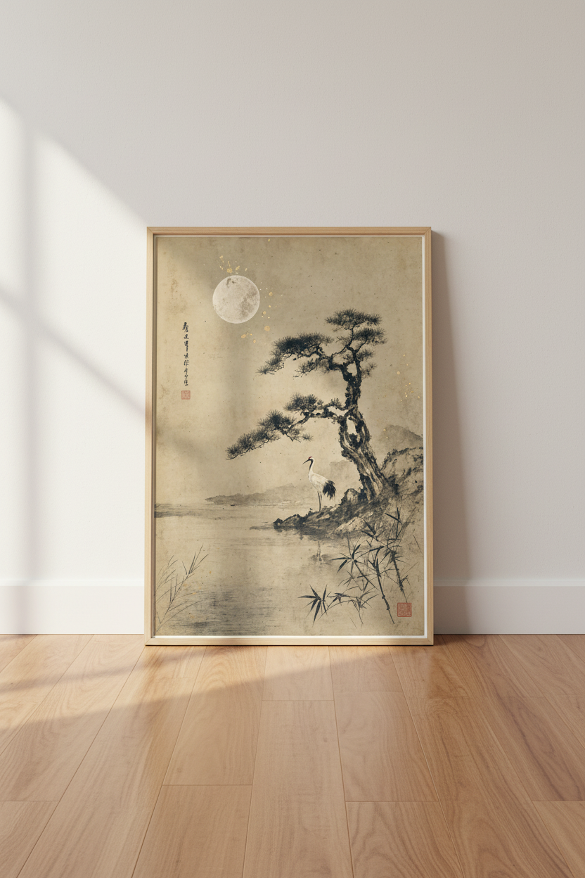 Japanese Crane Moon Wall Art Print | Zen Office Decor | Vintage Ink Wash Poster