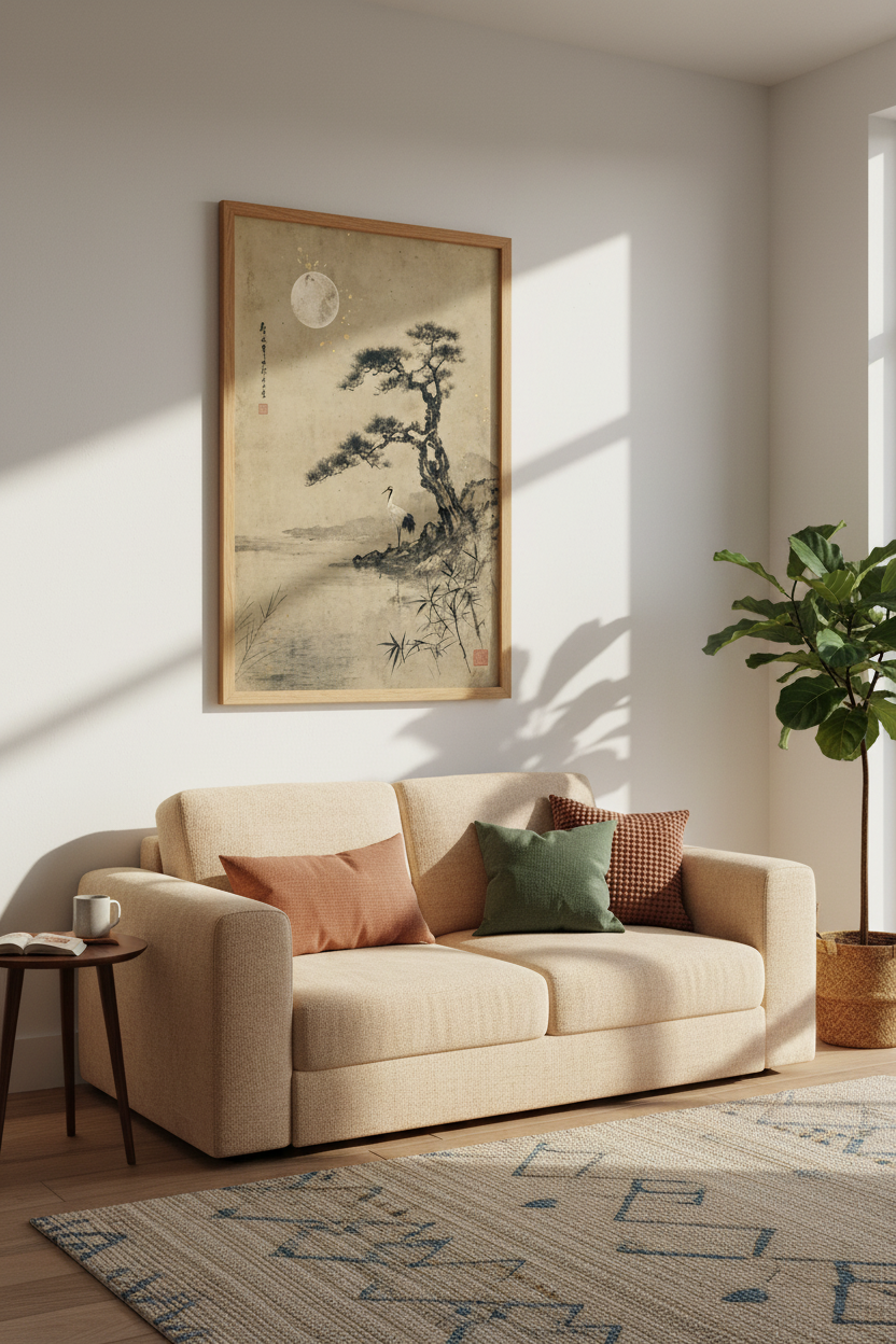 Japanese Crane Moon Wall Art Print | Zen Office Decor | Vintage Ink Wash Poster
