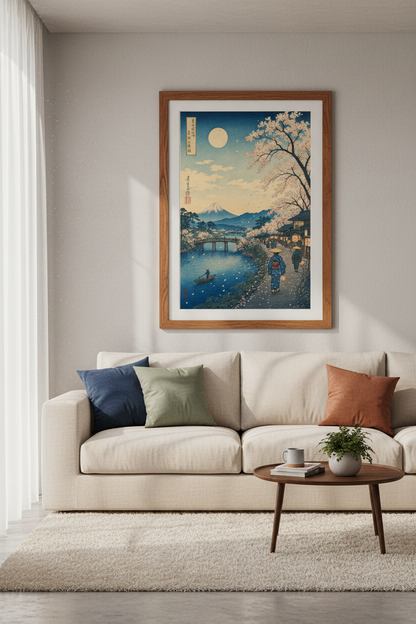 Japanese Mountain Landscape Art | Mount Fuji &amp; Cherry Blossoms, Living Room Decor