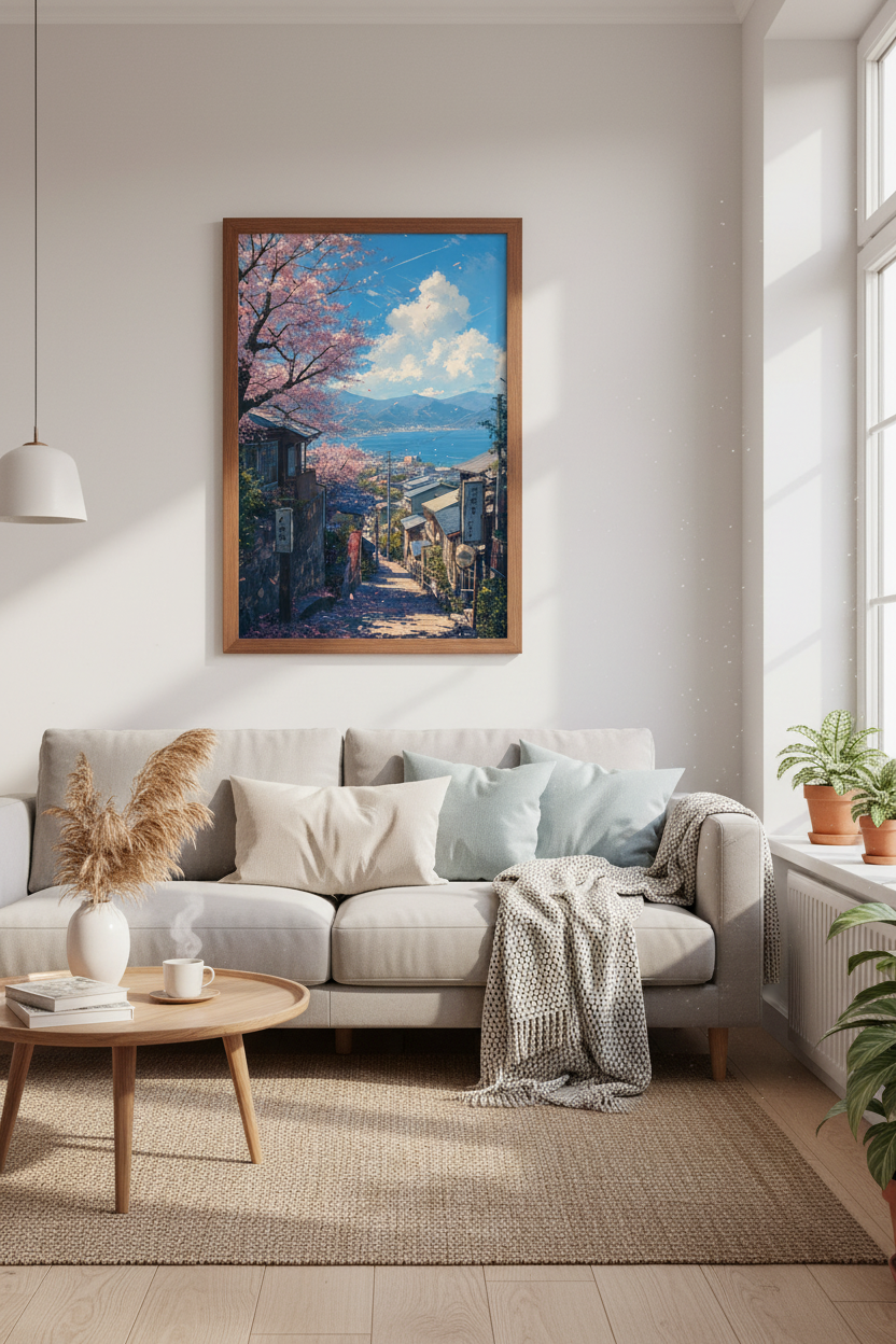 Japanese Cherry Blossom Wall Art | Sakura Coastal City Poster | Aesthetic Room Decor