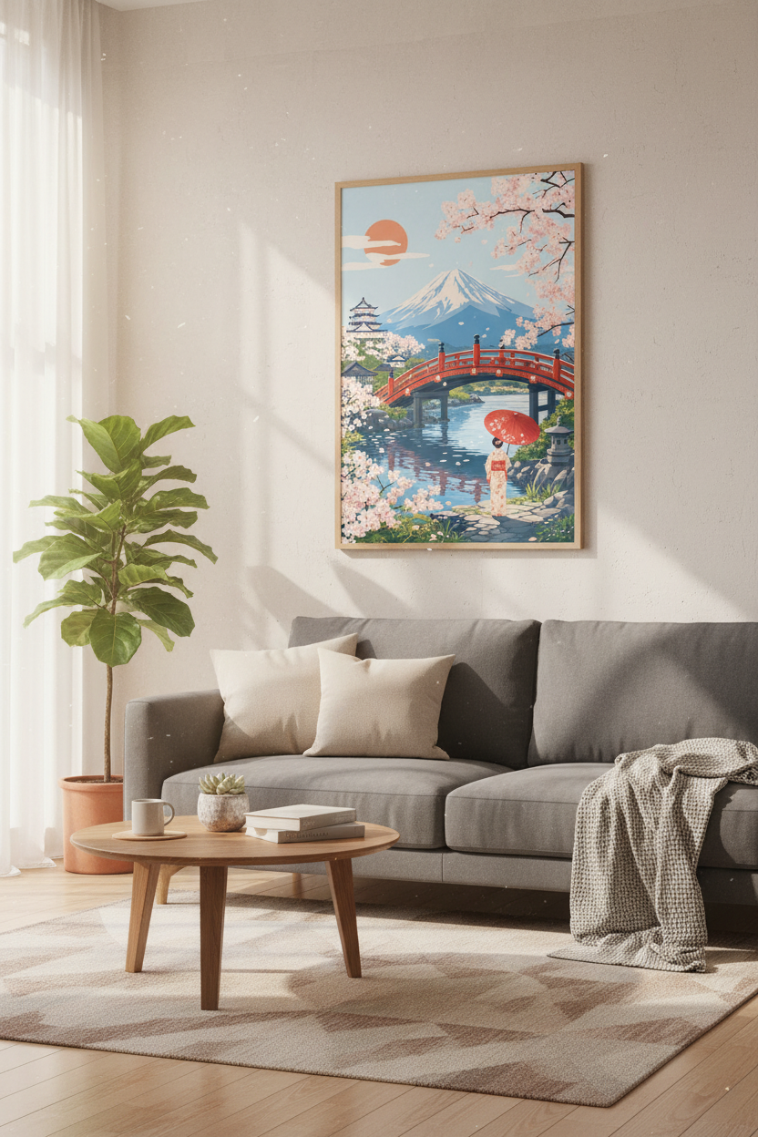 Japanese Mount Fuji Wall Art | Cherry Blossom Landscape Print, Zen Home Decor Poster