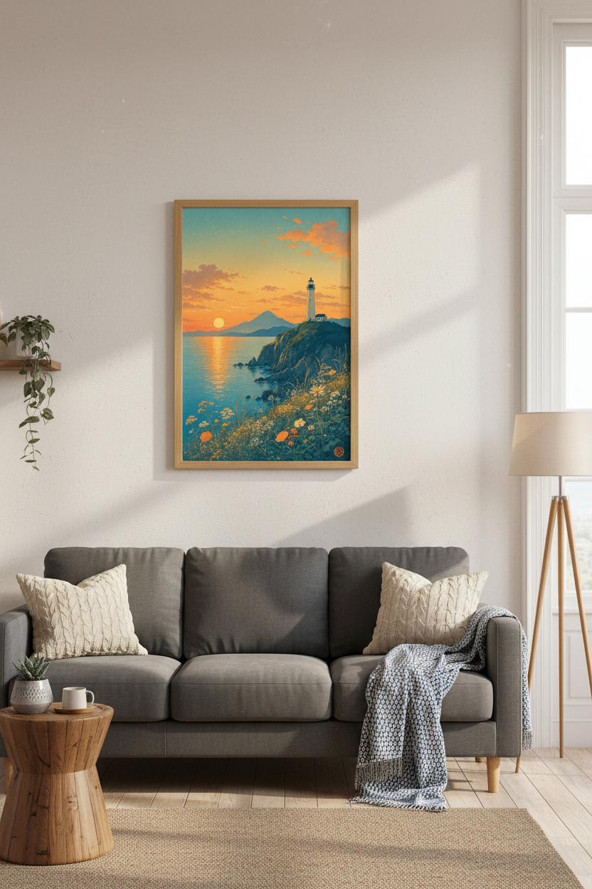 Lighthouse Sunset Wall Art Print | Japanese Woodblock Coastal Decor | Ukiyo-e Poster