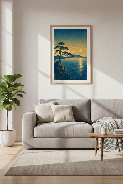 Japanese Landscape Bonsai Tree Wall Art | Mount Fuji Sunset Poster | Zen Decor