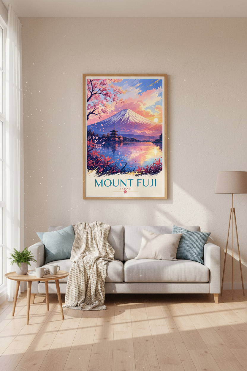 Mount Fuji Japan Wall Art Print | Pink Cherry Blossom Decor | Aesthetic Sunset Poster