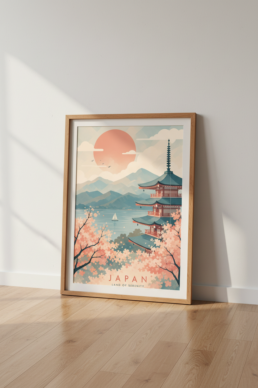 Japanese Pagoda &amp; Cherry Blossom Wall Art | Pastel Travel Poster, Living Room Decor