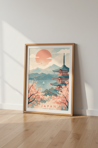 Japanese Pagoda &amp; Cherry Blossom Wall Art | Pastel Travel Poster, Living Room Decor