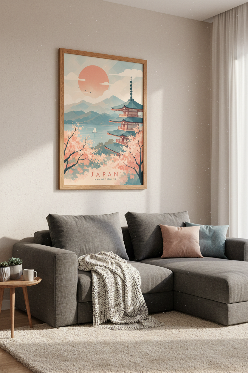 Japanese Pagoda &amp; Cherry Blossom Wall Art | Pastel Travel Poster, Living Room Decor