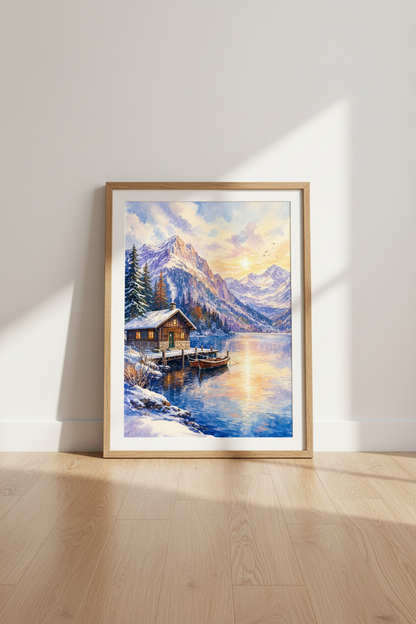 Watercolor Mountain Lake Cabin Wall Art | Rustic Winter Poster | Alpine Nature Decor