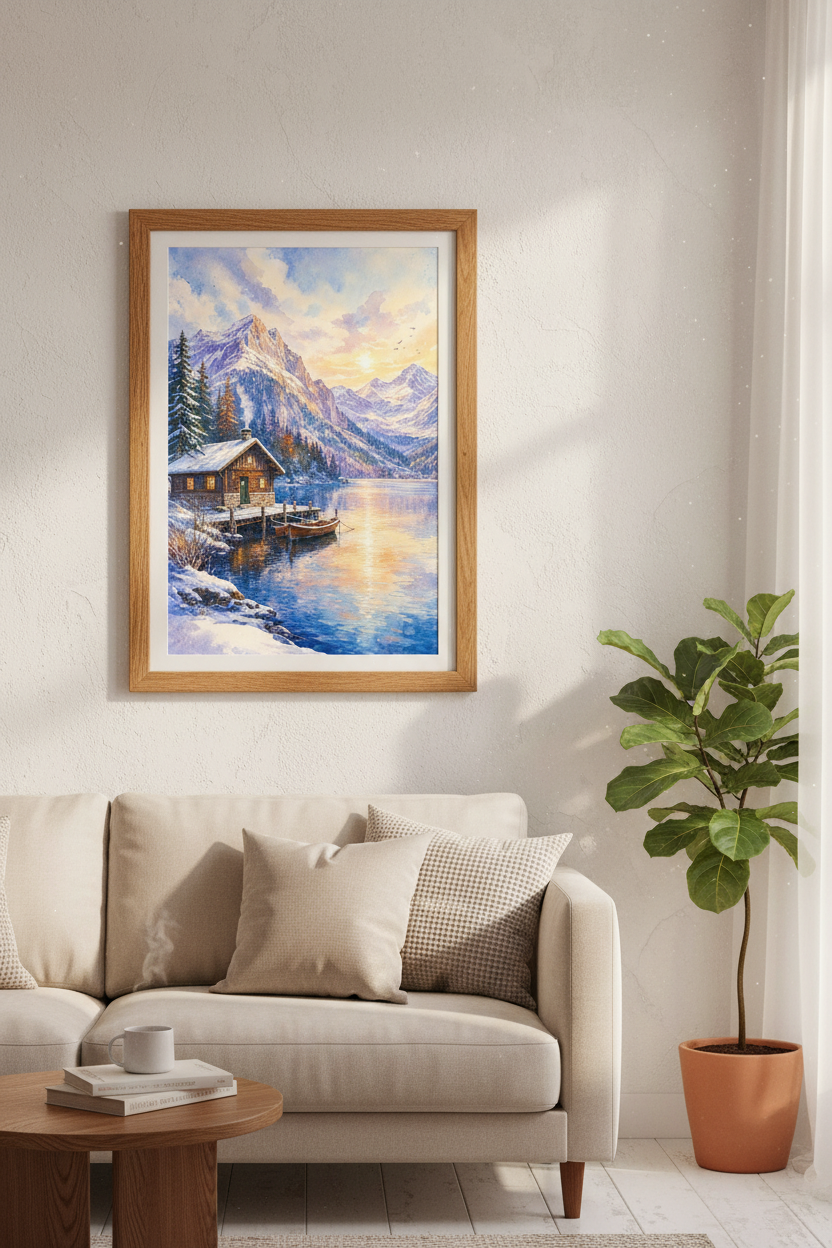 Watercolor Mountain Lake Cabin Wall Art | Rustic Winter Poster | Alpine Nature Decor