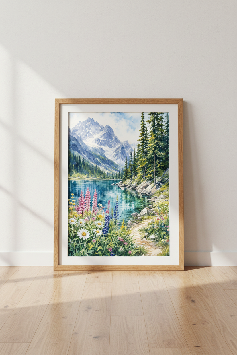 Mountain Lake Watercolor | Wildflower Landscape Art, Nature Wall Decor