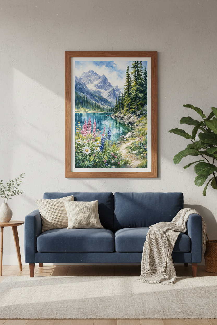 Mountain Lake Watercolor | Wildflower Landscape Art, Nature Wall Decor