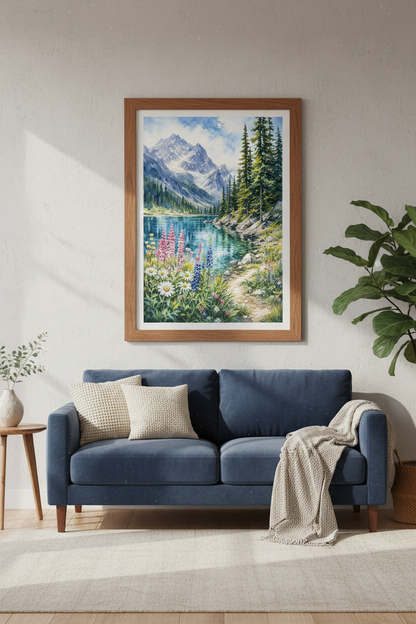 Mountain Lake Watercolor | Wildflower Landscape Art, Nature Wall Decor