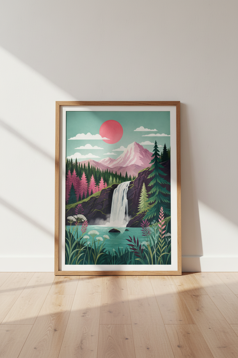 Mountain Waterfall Landscape Art | Pink &amp; Teal Nature Decor | Modern Boho Poster