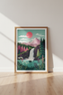 Mountain Waterfall Landscape Art | Pink & Teal Nature Decor | Modern Boho Poster