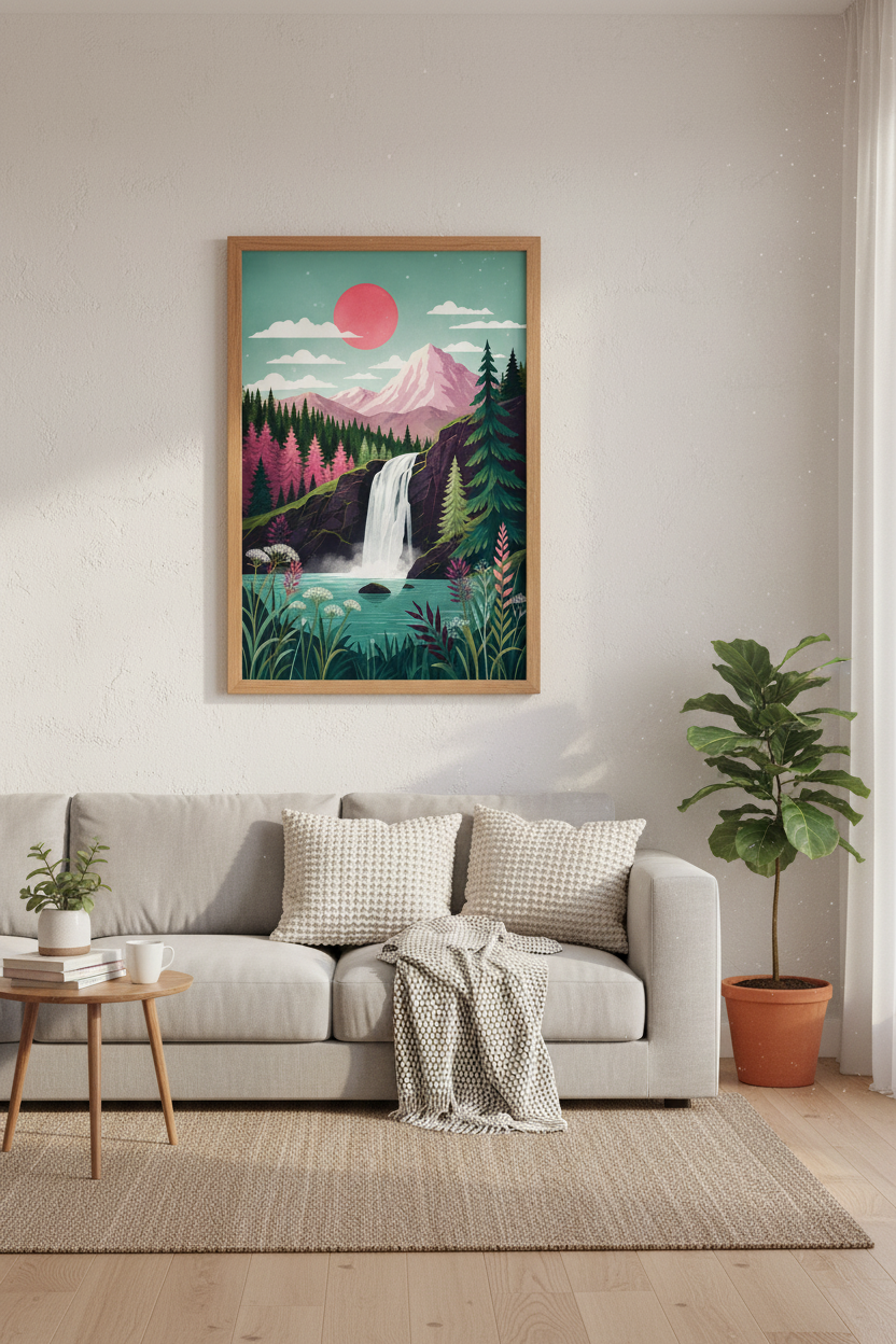 Mountain Waterfall Landscape Art | Pink &amp; Teal Nature Decor | Modern Boho Poster