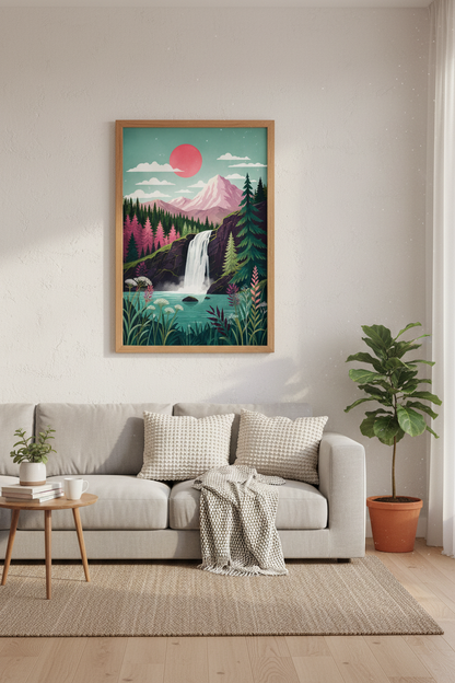 Mountain Waterfall Landscape Art | Pink &amp; Teal Nature Decor | Modern Boho Poster