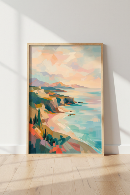 Coastal Abstract Landscape Art | Pastel Sunset Cliff Poster, Modern Beach Decor