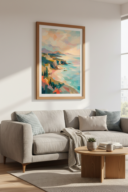 Coastal Abstract Landscape Art | Pastel Sunset Cliff Poster, Modern Beach Decor