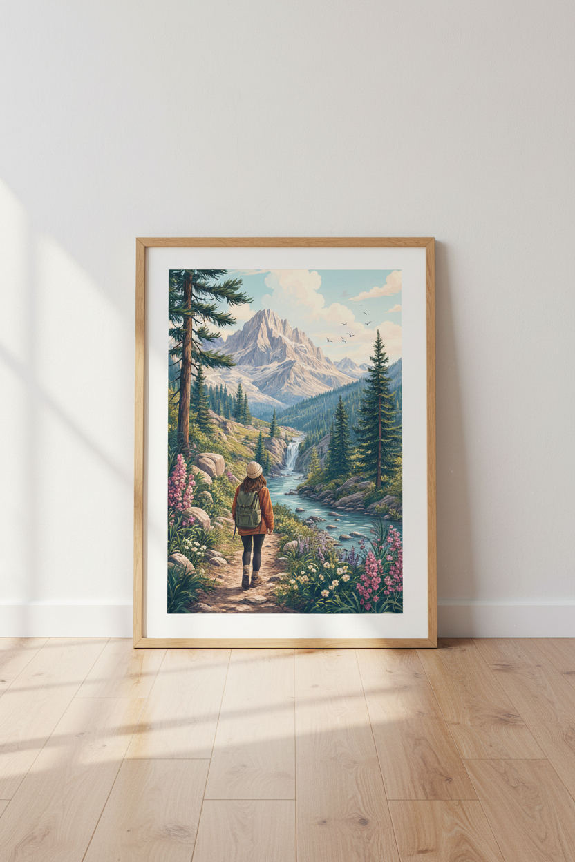 Mountain Hiker Wall Art | Nature Landscape Poster, Adventure Decor
