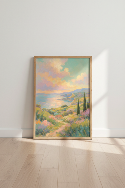 Coastal Mediterranean Landscape Wall Art | Pastel Sunset Poster | Dreamy Impressionist