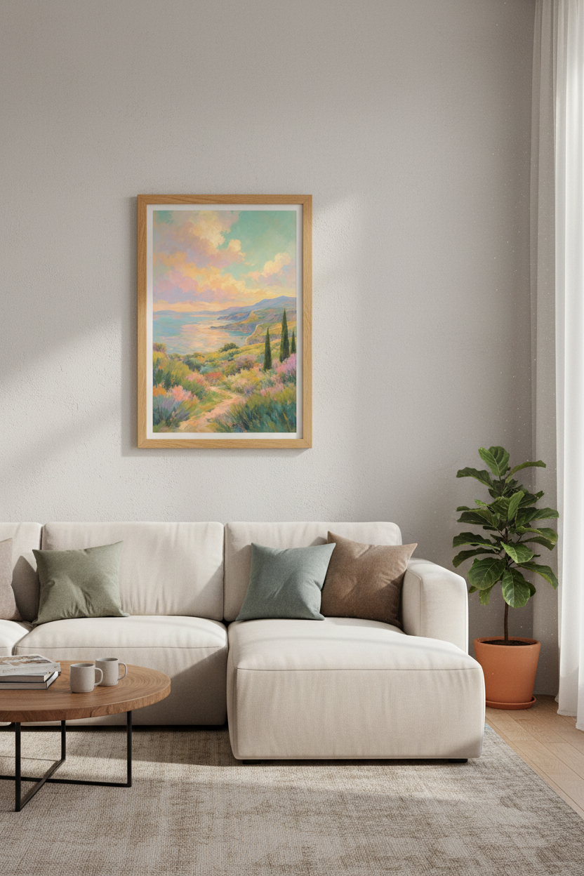 Coastal Mediterranean Landscape Wall Art | Pastel Sunset Poster | Dreamy Impressionist