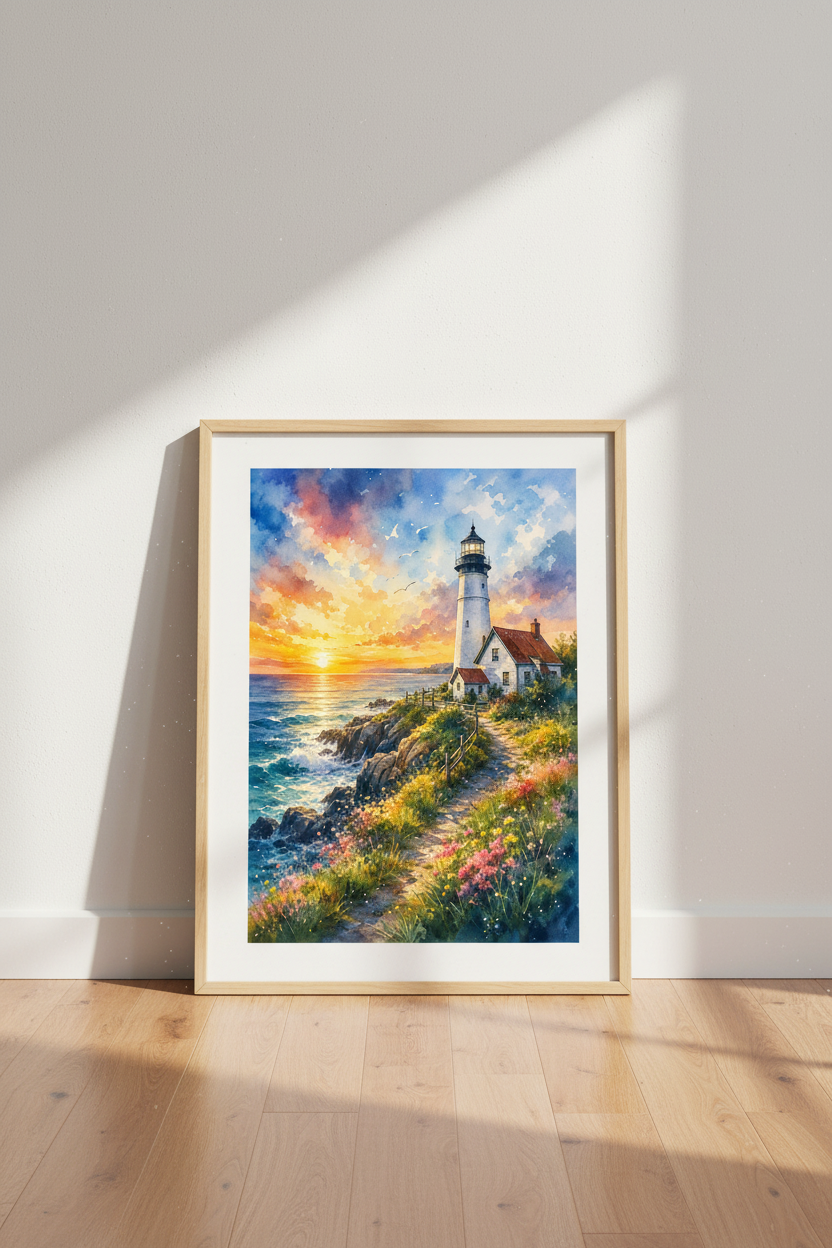 Lighthouse Sunset Wall Art | Watercolor Coastal Landscape, Beach House Decor