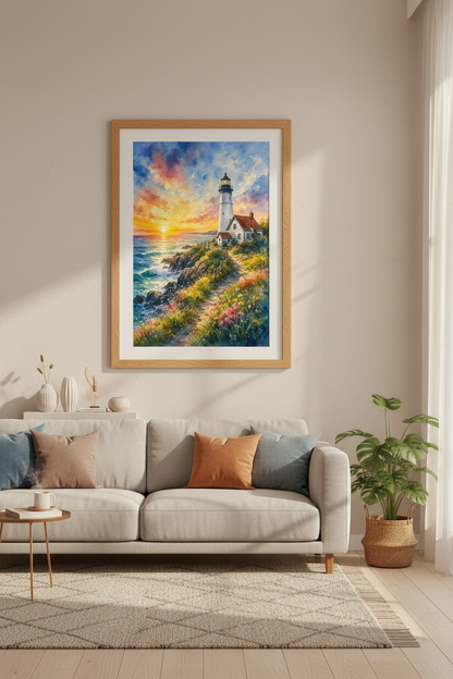 Lighthouse Sunset Wall Art | Watercolor Coastal Landscape, Beach House Decor