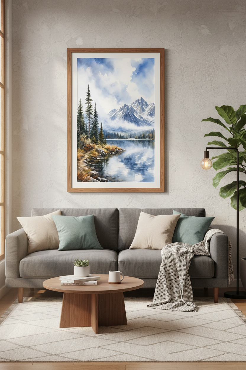 Mountain Lake Watercolor Art | Blue Nature Landscape, Living Room Decor