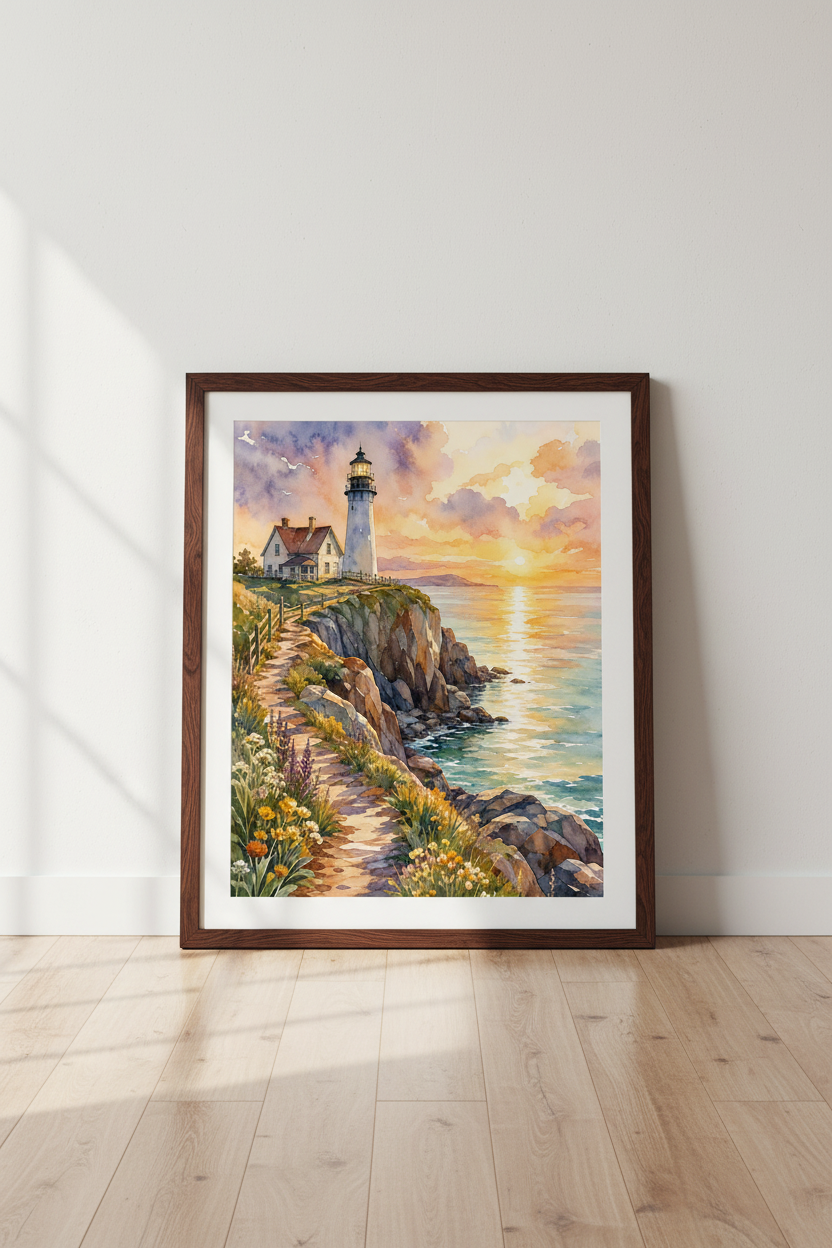 Lighthouse Sunset Watercolor Print | Coastal Home Decor | Nautical Landscape Poster