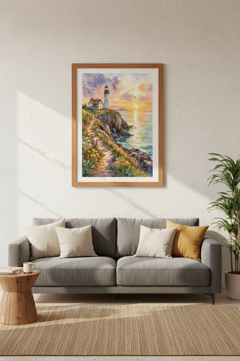 Lighthouse Sunset Watercolor Print | Coastal Home Decor | Nautical Landscape Poster