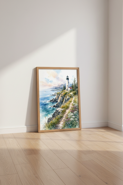 Lighthouse Watercolor Wall Art | Coastal Landscape Poster, Beach House Decor