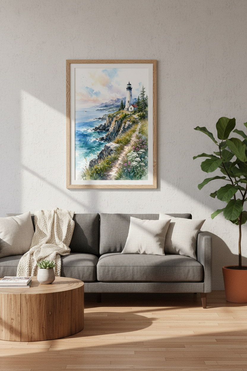 Lighthouse Watercolor Wall Art | Coastal Landscape Poster, Beach House Decor