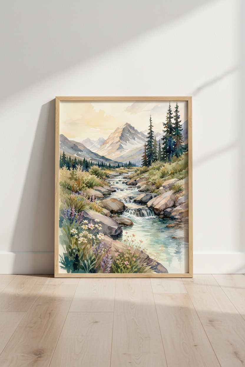 Mountain Landscape Watercolor Art | Nature Stream Forest, Living Room Decor