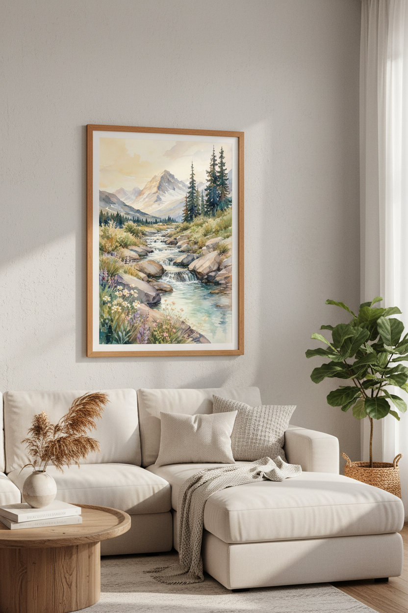 Mountain Landscape Watercolor Art | Nature Stream Forest, Living Room Decor