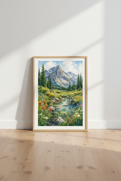 Mountain Landscape Watercolor Art | Nature Meadow Poster, Living Room Decor
