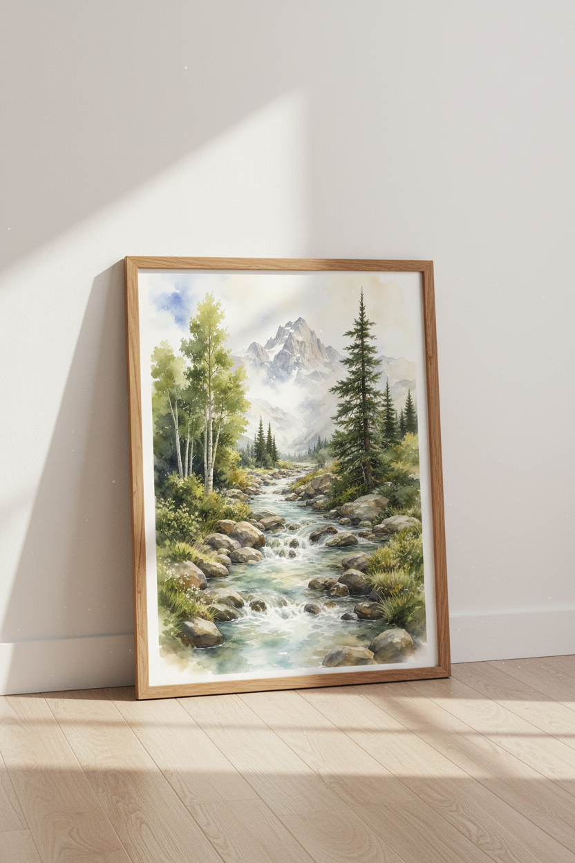 Mountain Stream Watercolor | River Landscape Wall Art, Nature Home Decor Poster