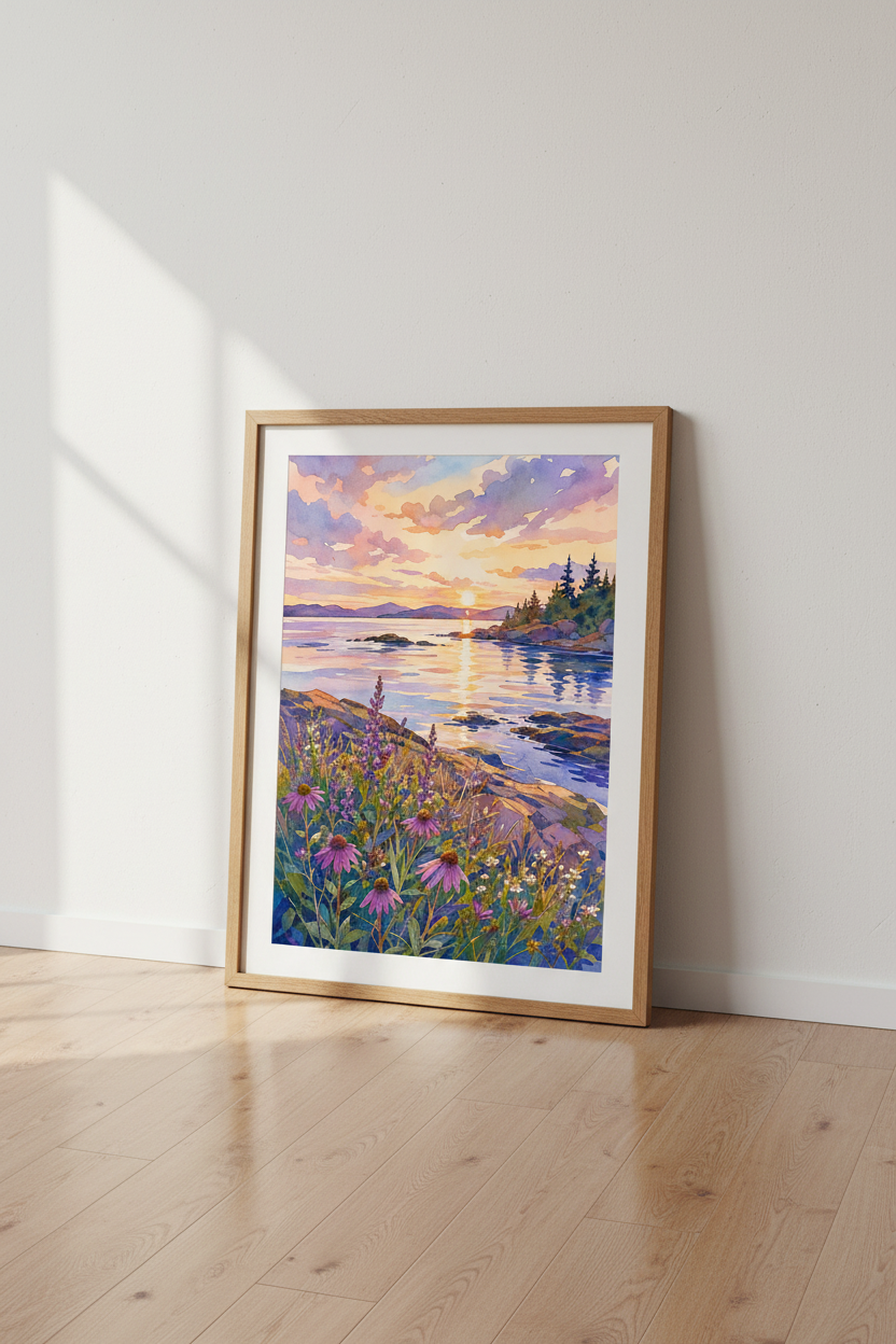 Watercolor Lake Sunset Wall Art | Purple Flower Coastal Poster | Bedroom Decor