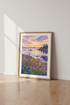 Watercolor Lake Sunset Wall Art | Purple Flower Coastal Poster | Bedroom Decor