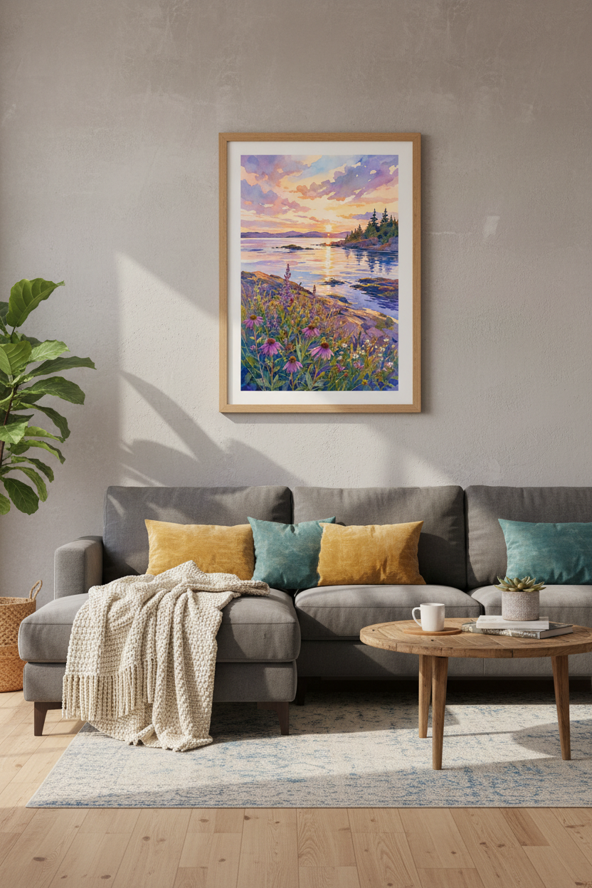 Watercolor Lake Sunset Wall Art | Purple Flower Coastal Poster | Bedroom Decor