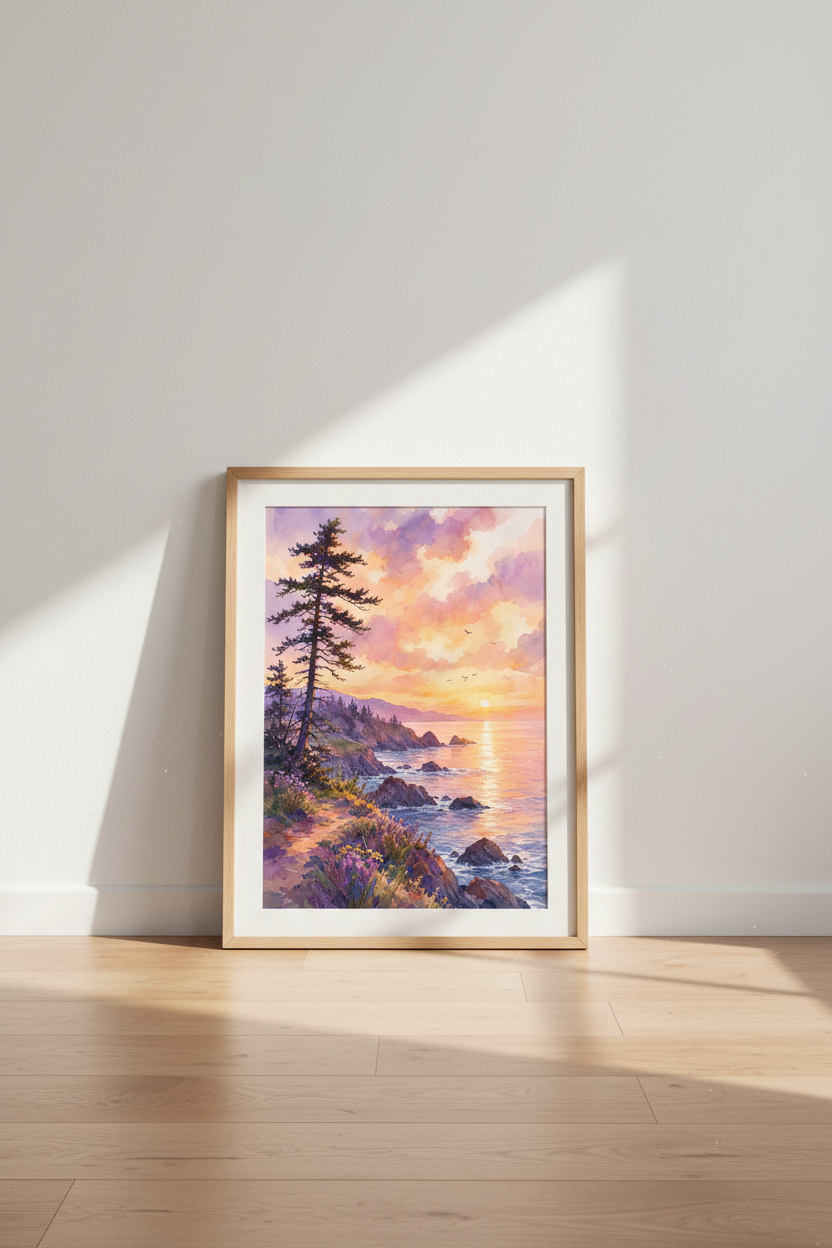 Coastal Sunset Landscape Art | Purple Watercolor Ocean Poster, Living Room Decor